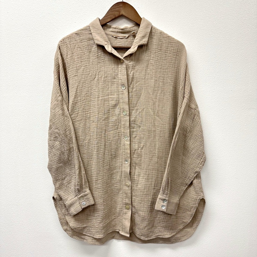 Soft Surroundings Peregrine‎ Cotton Gauze Long Sleeve Button Down Taupe M